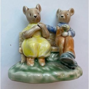 Vintage Albert Kessler ceramic bunnies on a bench figurine.